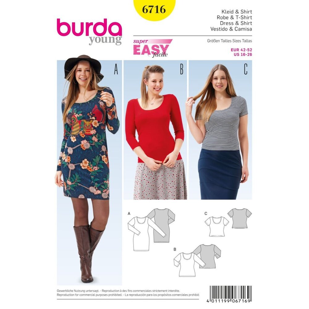Burda Sewing Pattern 6716 Dress Shirt Misses Size‎ 16-26